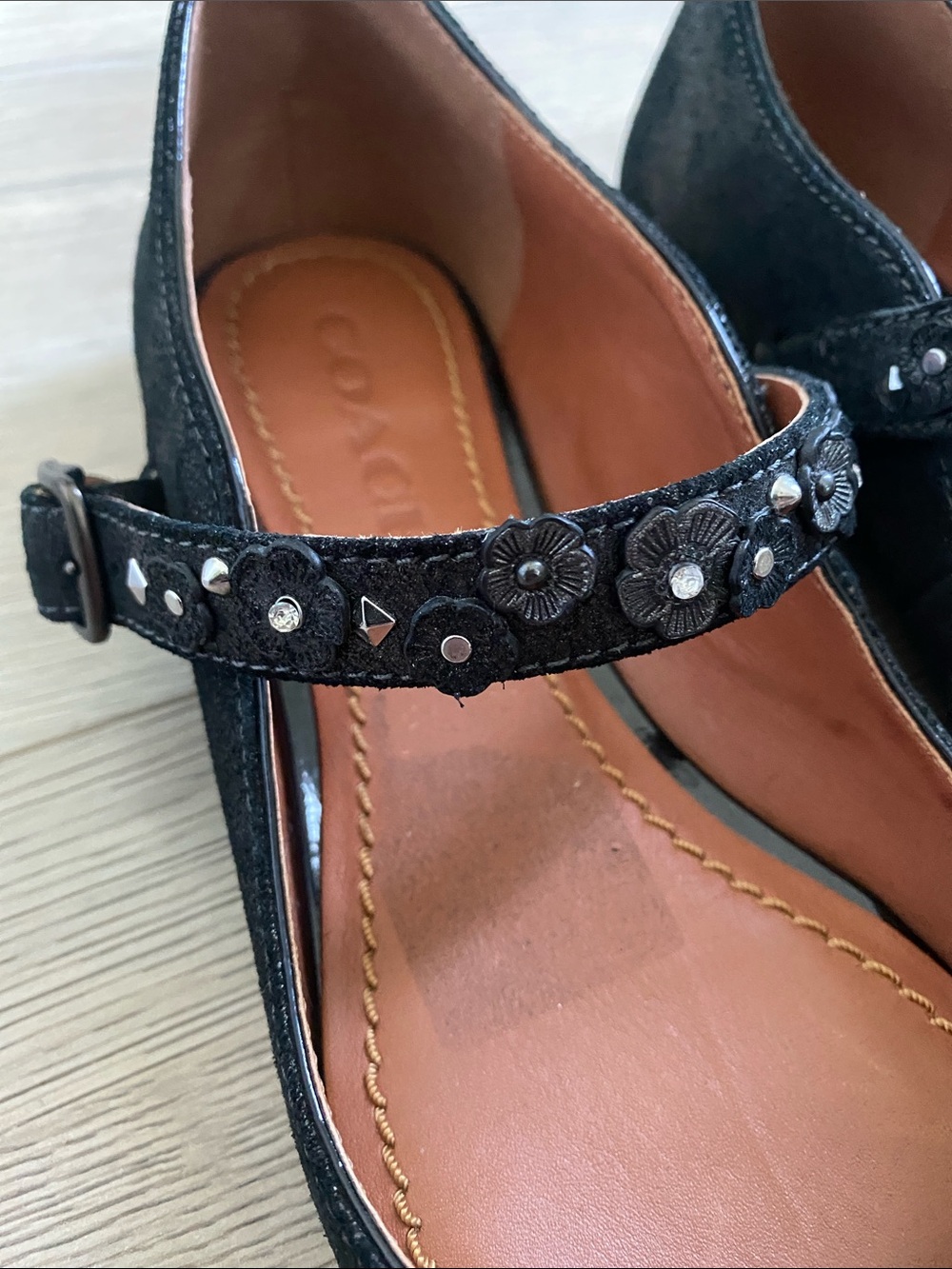 Coach Black Suede Mary Jane Flats with Embellished Strap - Picture 4 of 11